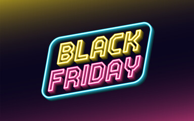 Neon design of Black Friday Sale banner. Outline neon italic text Black Friday with inclined frame. Yellow, pink and blue. Text template for digital ad and social media banners. Vector illustration