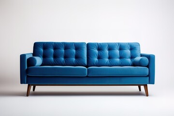 Minimalist Marvel Studio shot of a navy blue sofa on a carpet isolated on white background