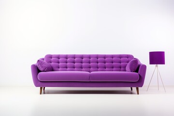 Minimalist Marvel Studio shot of a purple sofa on a carpet isolated on white background