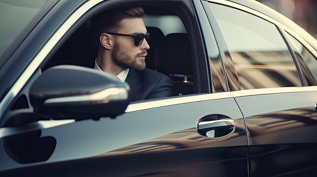  Professional driver near luxury car, closeup. 