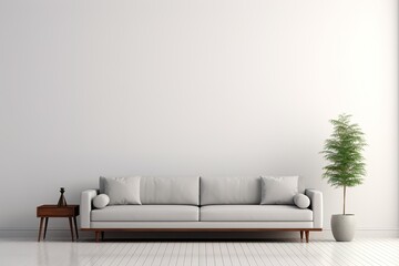 Fototapeta na wymiar Minimalist Marvel Studio shot of a grey sofa on a carpet isolated on white background
