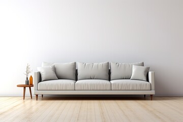 Minimalist Marvel Studio shot of a grey sofa on a carpet isolated on white background