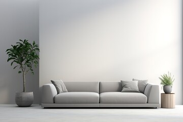 Minimalist Marvel Studio shot of a grey sofa on a carpet isolated on white background