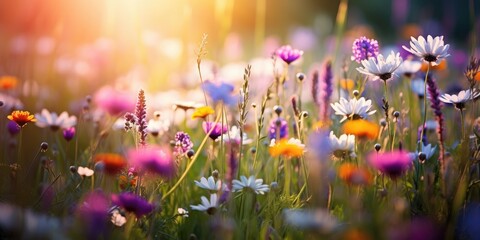 Another View Of A Colorful Flower Meadow With Sunbeams And Bokeh Lights Emphasizing The Natural Beauty Of Wildflowers In Summer