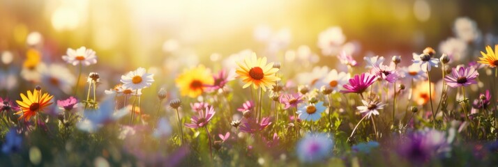 Another View Of A Colorful Flower Meadow With Sunbeams And Bokeh Lights Emphasizing The Natural Beauty Of Wildflowers In Summer