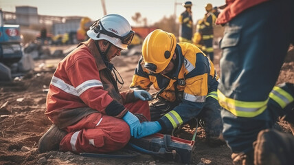 Obraz premium Accident at construction site. Physical injury at work of construction worker.generative ai