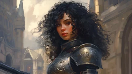 Foto op Canvas Portrait of a young curly haired warrior woman in a medieval/fantasy setting and armor © Gunnar Frenzel