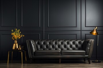 Seat black color leather sofa with stainless steel legs on white background. front view. isolate background
