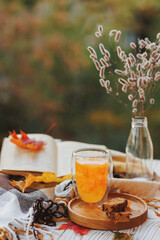 Sea buckthorn tea in a transparent glass in nature.