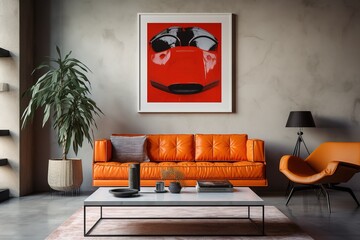 Modern living room with orange couch, Mockup horizontal poster in modern living room interior with couch and cushions, orange and white colors.