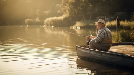 Foto op Canvas  Senior Man Enjoying a Peaceful Morning Fishing at a Lake © 3D Station