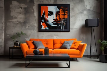 Sleek and Stylish Vivid orange sofa and art poster on stucco wall. Interior design of modern loft living room,