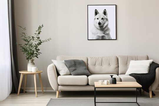 Sleek and Stylish Stylish and scandinavian living room interior of modern apartment with gray sofa, design wooden commode, black table, lamp, dog paintings on the wall.Home decor,