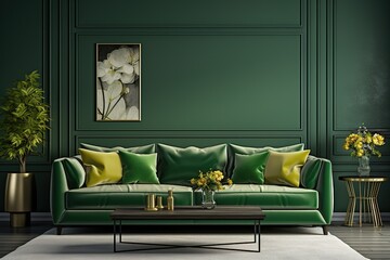 Sleek and Stylish Home interior mock-up with green sofa, table and decor in living room, 3d render