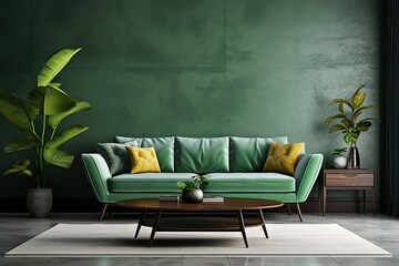 Mock living room with green sofa, frames, decor and table. Rendered in 3D