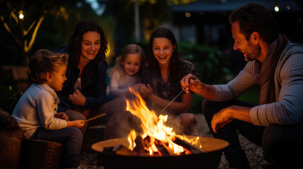 Portrait of a happy smiling family sitting under a bonfire