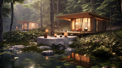 Obraz premium concept design for modern thai style cabins in the woods with small hot pools fed be a creek.generative ai