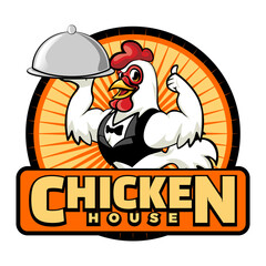 the chicken mascot logo is serving dishes in neat and cool clothes in a circle, with the words chicken house underneath