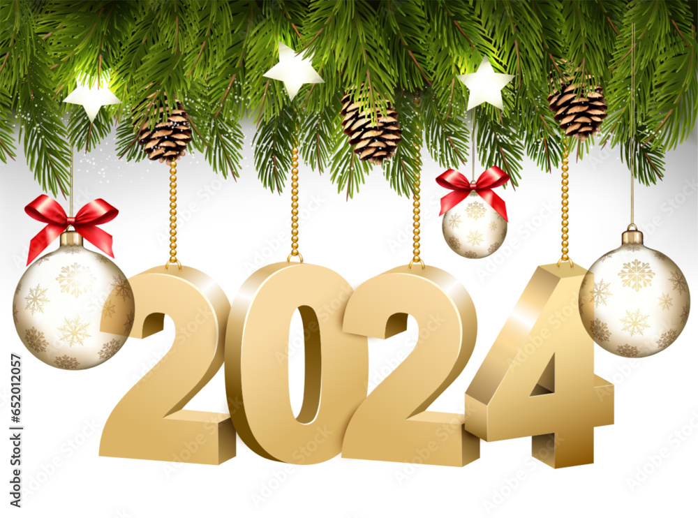 Aufkleber happy new year and christmas holiday frame with branches of tree garland and 2024 litters and transp