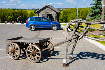 Novomoskovsk, Russia - August 10, 2023: wooden cart for horse