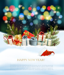 Christmas holiday background with colorful gift boxes and Santa Hat. Vector illustration - 652012035
