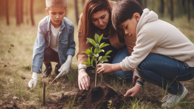  Teacher Helping School Kids Planting Trees for Environmental Project