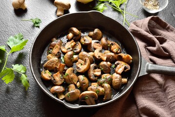 Roasted mushroom in cast iron pan