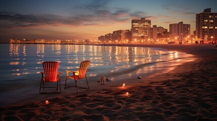A lively urban beach at sundown city lights reflection. a relaxing night time view background. 