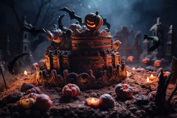 A spooky graveyard cake decorated with tombstone cookies and gummy worms. Generative Ai.