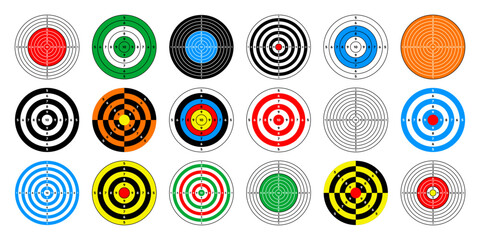 Shooting range paper targets. Round target with divisions, marks and numbers. Archery, gun shooting practise and training, sport competition and hunting. Bullseye and aim. Vector illustration