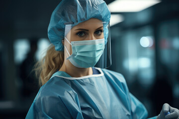 Fototapeta na wymiar A healthcare worker wearing a mask in a hospital. Generative Ai.