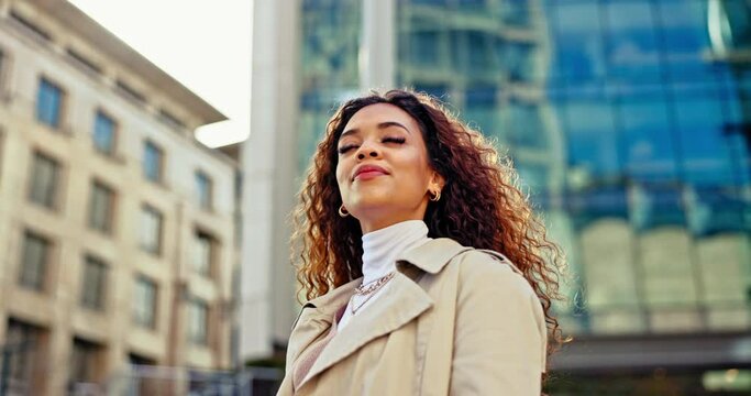Thinking, happy and business woman in city on morning commute for career, job and work opportunity. Professional, building and worker in urban town for success mindset, future inspiration and travel