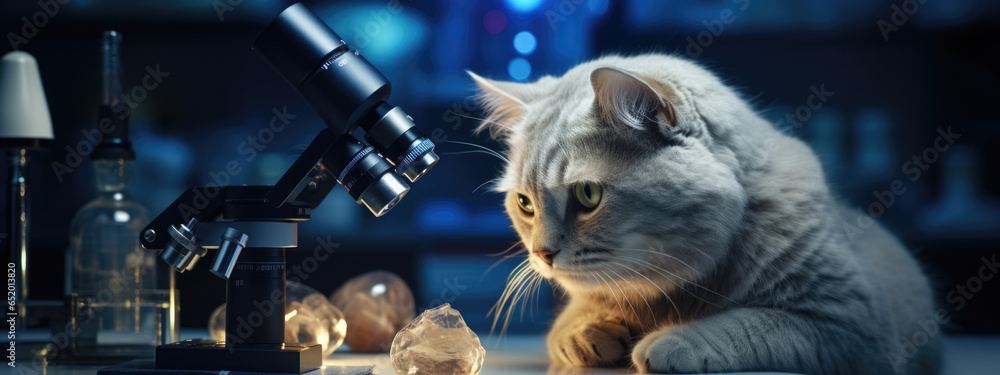 Poster serious cat scientist in a lab with a microscope