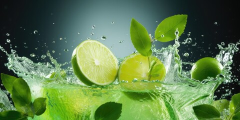 A Lime Fruit Slice Accompanied By Leaves And A Green Juice Splash Representing A Mojito Drink