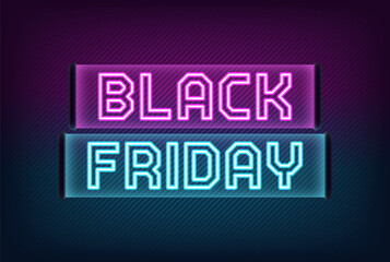 Neon Black Friday banner design. Outline purple blue neon text Black Friday on translucent signboard. Text title template for animation, digital ad and social media banners. Vector illustration