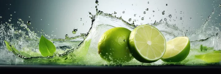 Fotobehang A Lime Fruit Slice Accompanied By Leaves And A Green Juice Splash Representing A Mojito Drink © Ян Заболотний