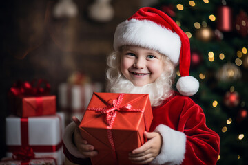 Fototapeta na wymiar Happy little boy dressed as Santa holding a Christmas present in his hands