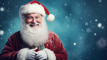 Smiling Santa Claus on a blue snowy background, copy space
