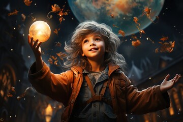 A happy smiling little girl in a magical city holds a glowing ball in her hand