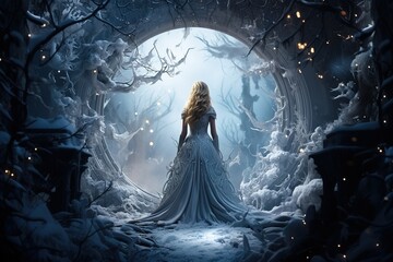 Naklejka premium A young attractive woman, a girl in an exquisite dress in front of the entrance to a mysterious fantastic winter forest. Winter fantasy