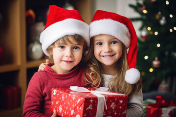 Fototapeta na wymiar A boy and a girl are holding a Christmas present in their hands against the background of a Christmas tree. Family celebration