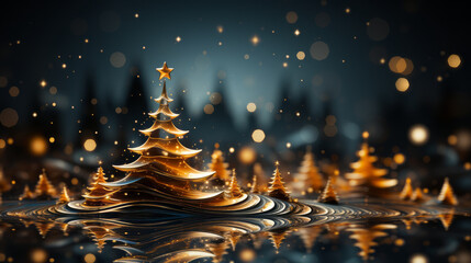 Christmas glowing golden background. Abstract golden festive Christmas tree