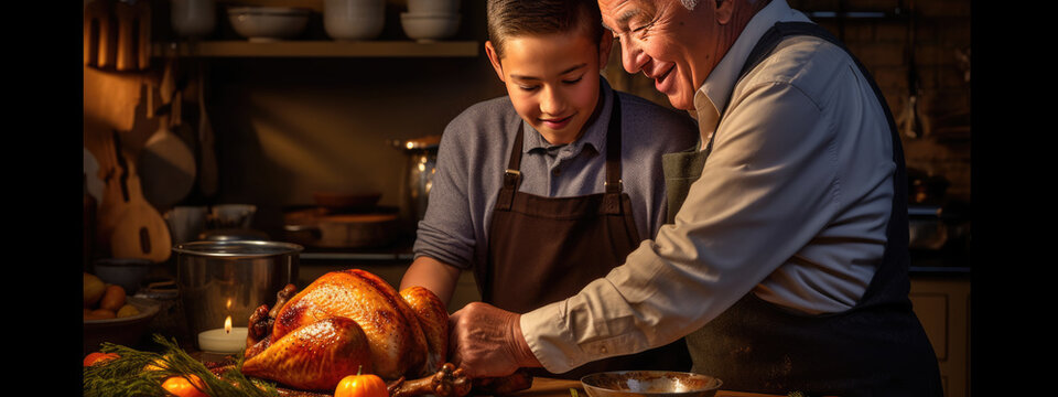 Man teaches his grandkid how to cook a Thanksgiving turkey
