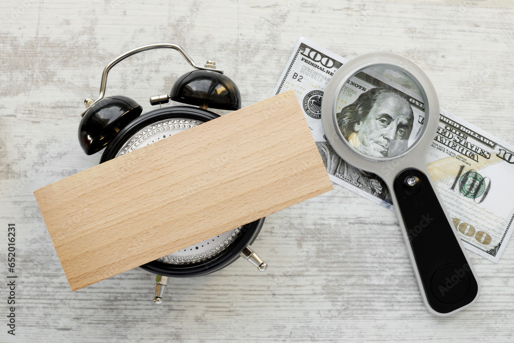 Poster wooden block on table clock. copy space. top view with copy space, flat lay. glasses and pen