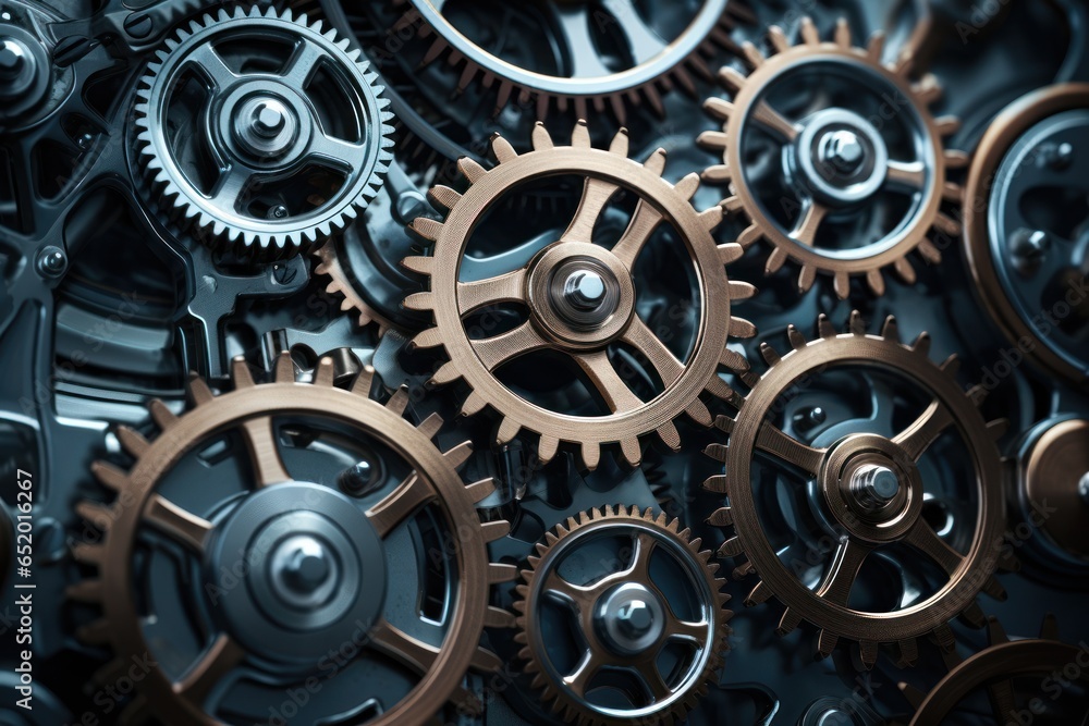 Poster A close-up view of a bunch of gears. This image can be used to represent mechanical processes, industrial machinery, or the concept of teamwork and collaboration.