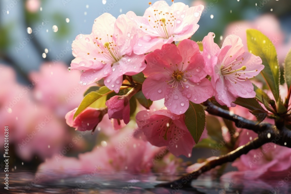 Poster A detailed view of beautiful pink flowers blooming on a tree branch. This image can be used to add a touch of nature and color to any project.