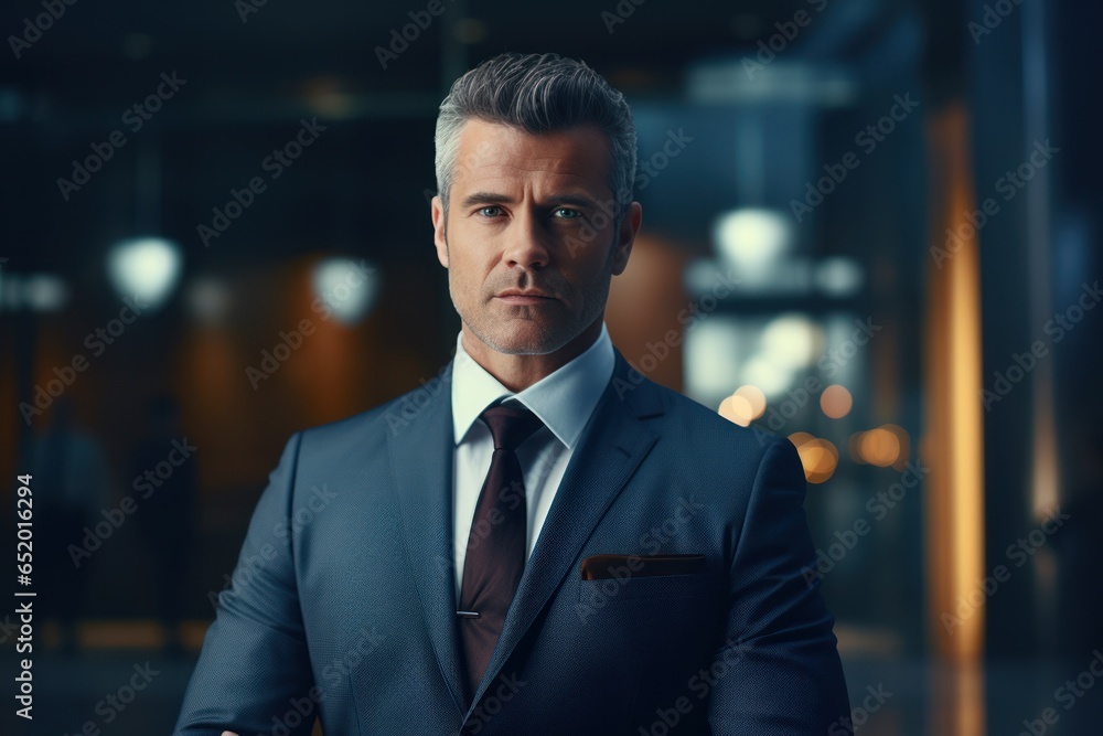 Poster a well-dressed man in a suit and tie striking a pose for a professional photo. this image can be use