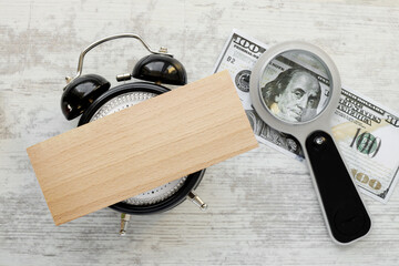 wooden block on table clock. Copy space. Top view with copy space, flat lay. glasses and pen