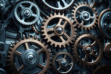 A close-up view of a bunch of gears. This image can be used to represent mechanical processes,...