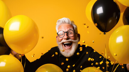 Joyful senior man celebrates birthday or start of Black Friday sale